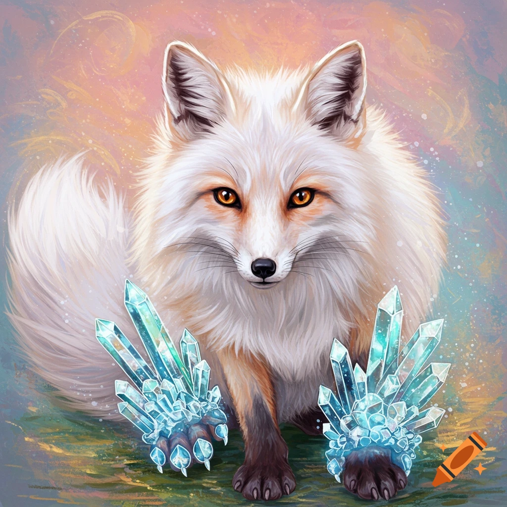 A white fox with orange eyes sits with bright blue crystals around its paws in a colorful, textured painting.