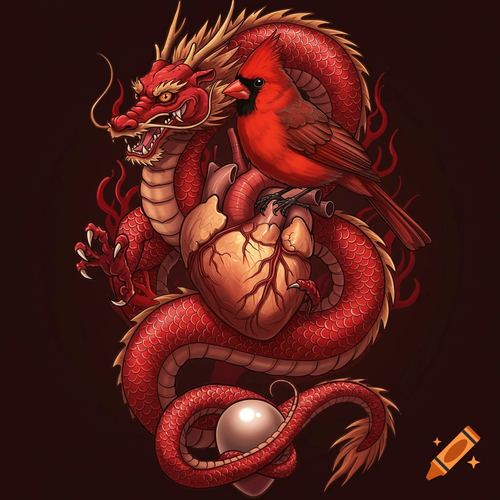 Red Chinese dragon coiled around a human heart with a red cardinal perched on top, illustration style.