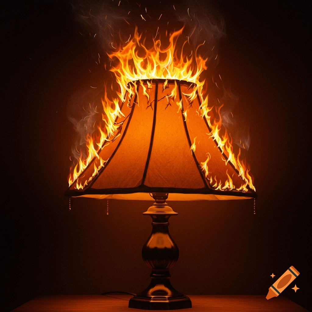 A lampshade is engulfed in fire and smoke.