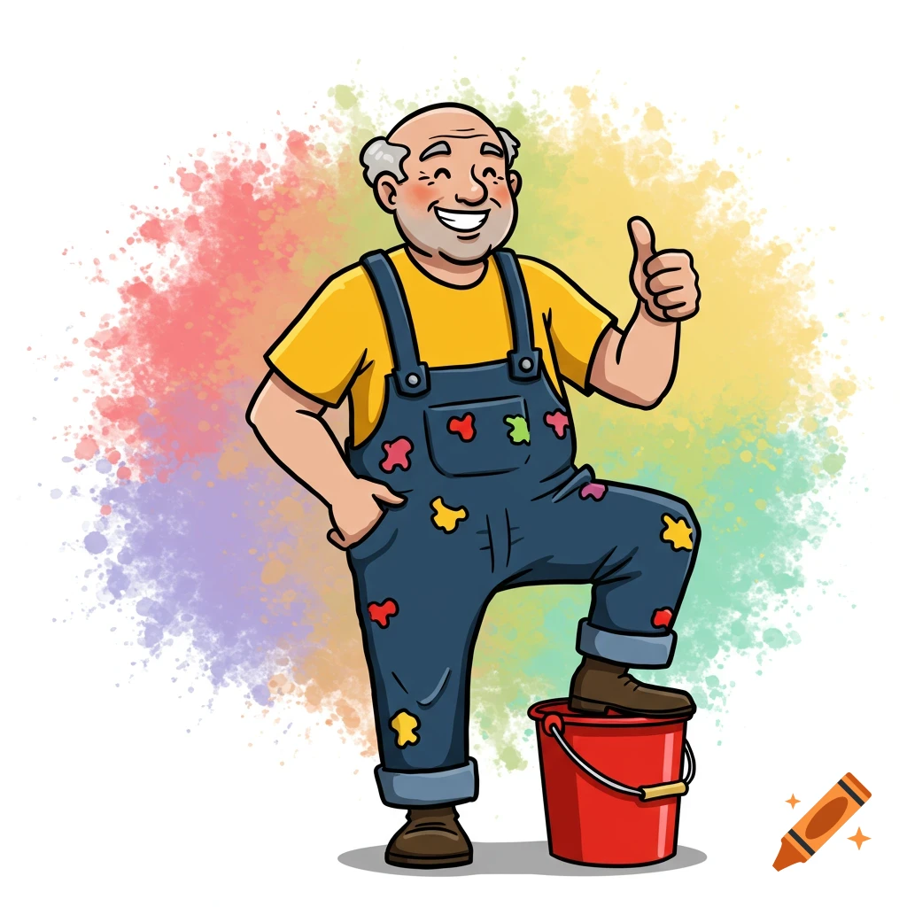 Cartoon man in overalls giving thumbs up, standing on a bucket with paint splotches.
