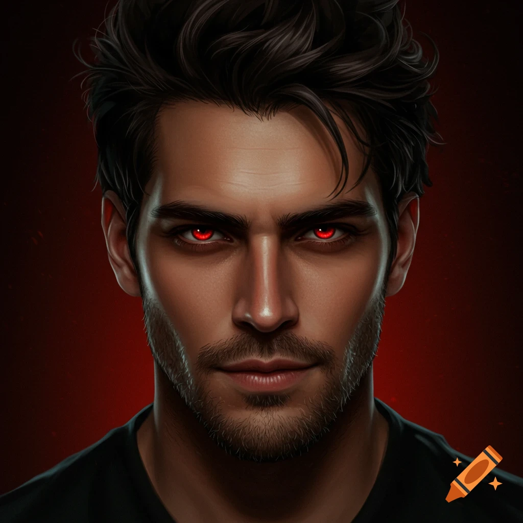 Close-up portrait of a man with dark hair, beard, and glowing red eyes against a red background.
