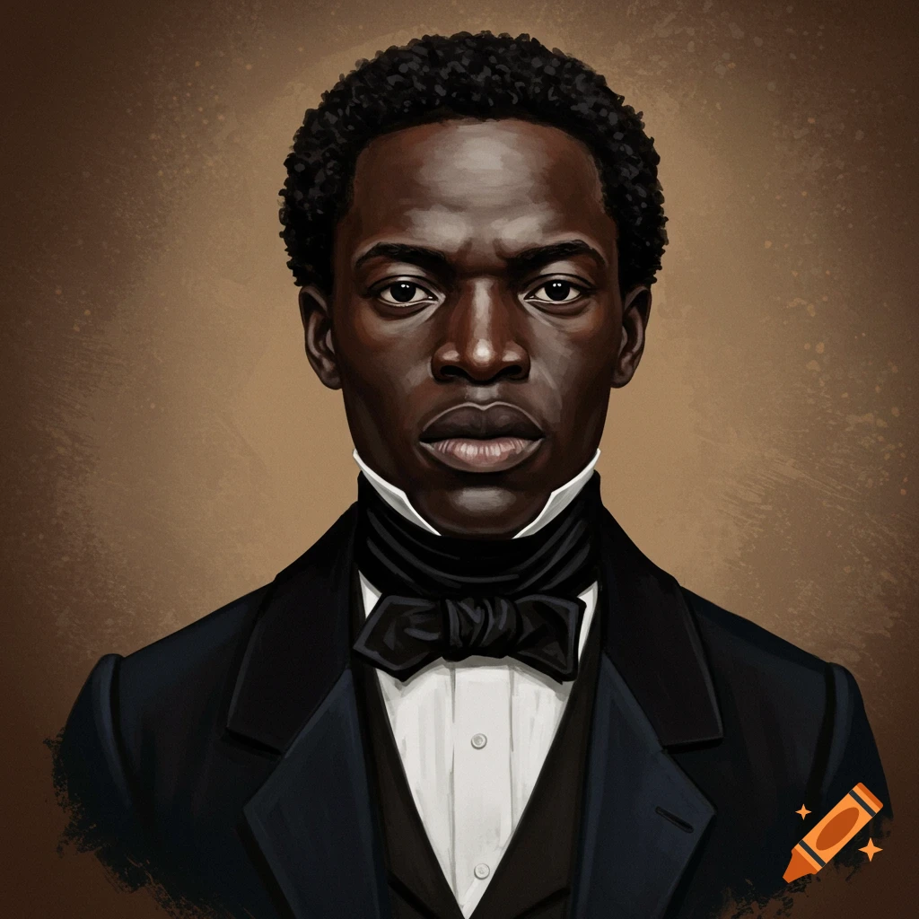 Portrait illustration of a man in historical formal suit, vest, and cravat.