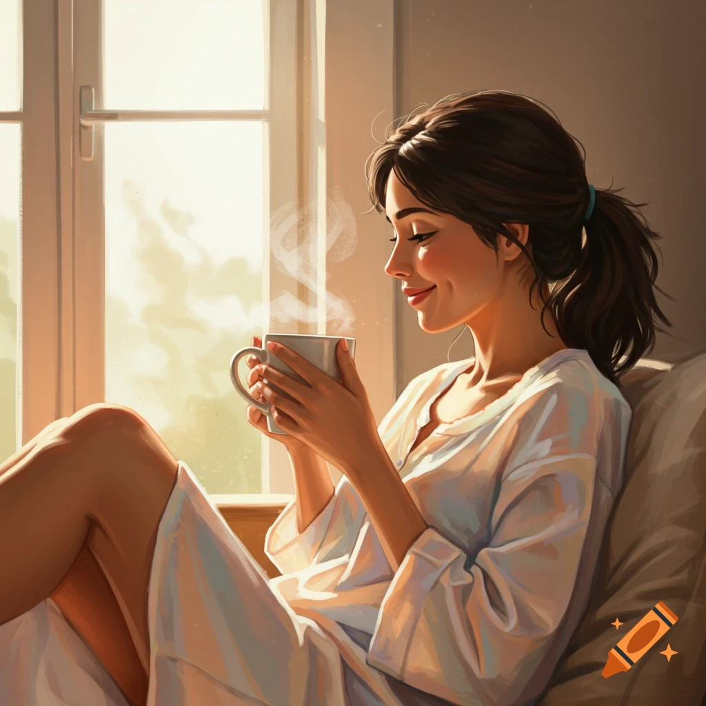 Illustrative style portrait of a woman smiling while sitting by a window, holding a steaming mug