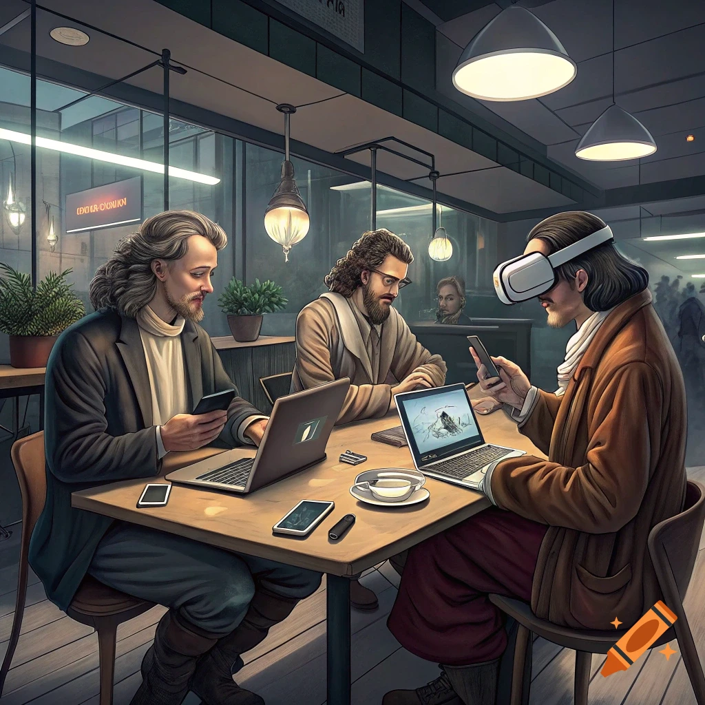 Three historical figures in a modern cafe with technology.