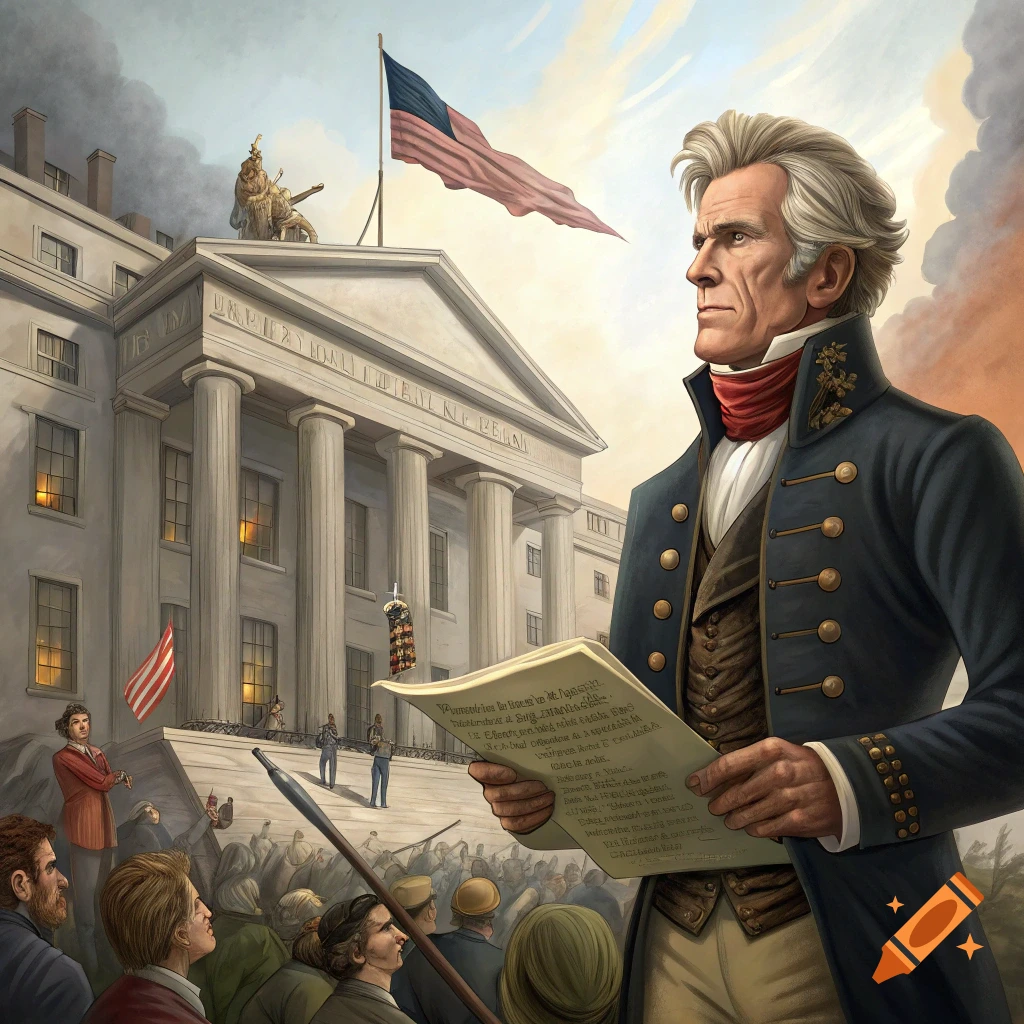 Andrew Jackson gives a speech to a crowd in front of a classical building with an American flag. Illustration.