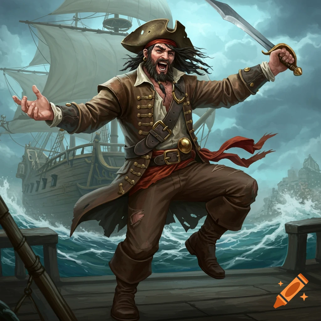 A fierce pirate captain with a sword stands on a ship deck, yelling, with a ship and stormy sea in the background. Illustration.