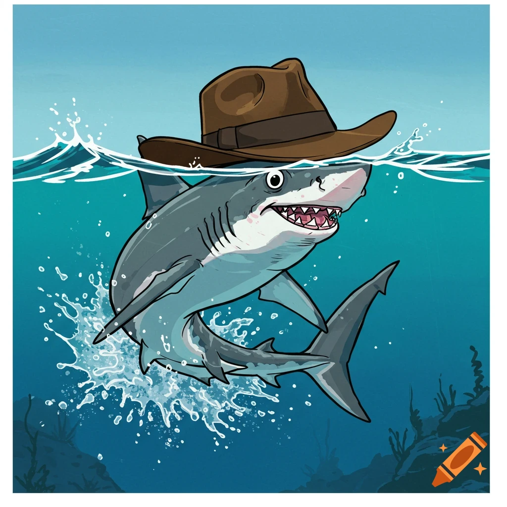 Cartoon shark wearing a fedora hat in the ocean.
