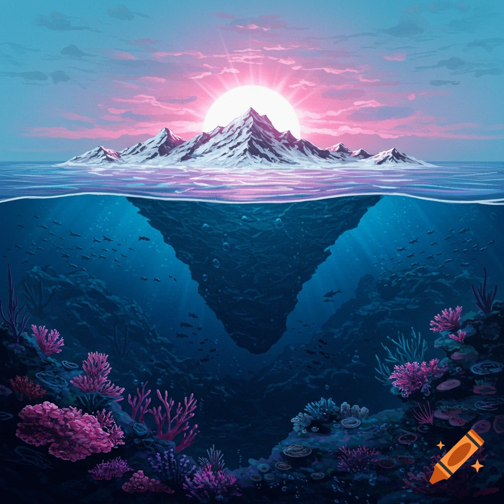 Split view of a mountain island above water with a pink sunset and a vibrant underwater coral reef.