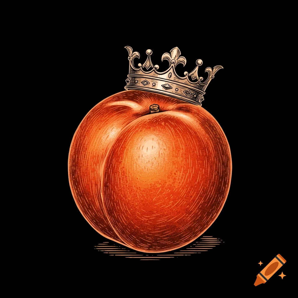 Woodcut illustration of a peach wearing a crown.
