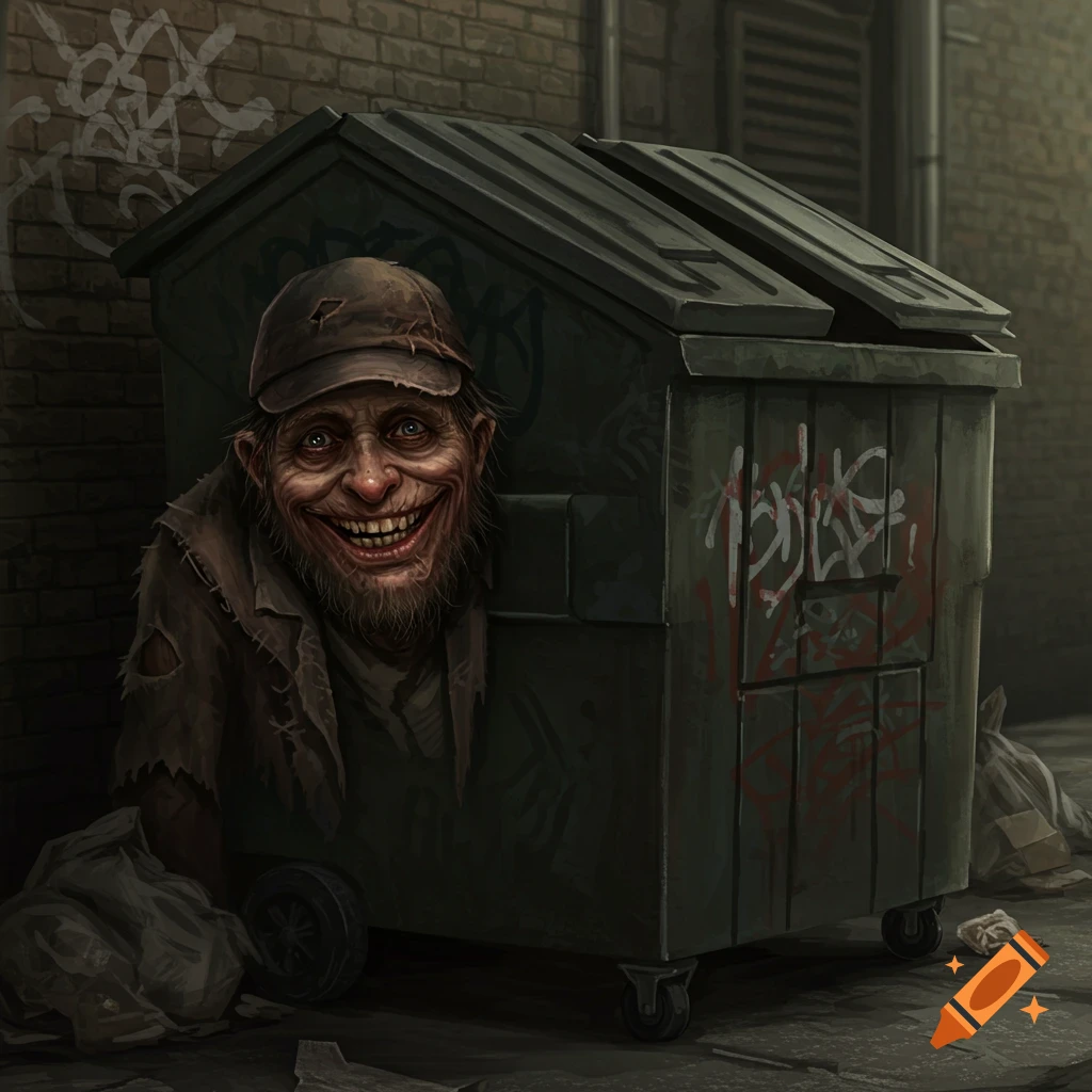 Illustration of a disfigured person with a wide smile peeking from behind a dumpster in an alley