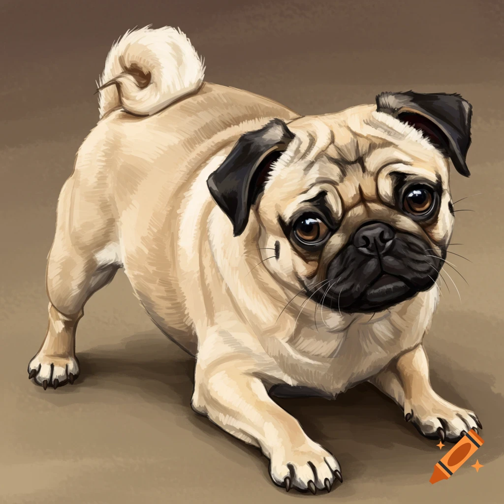 Digital illustration of a fawn pug in a low stance.