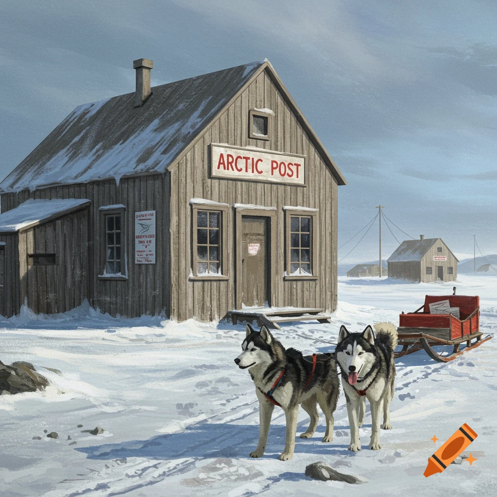 Two husky dogs stand in snow in front of a wooden Arctic Post office building with a dogsled.