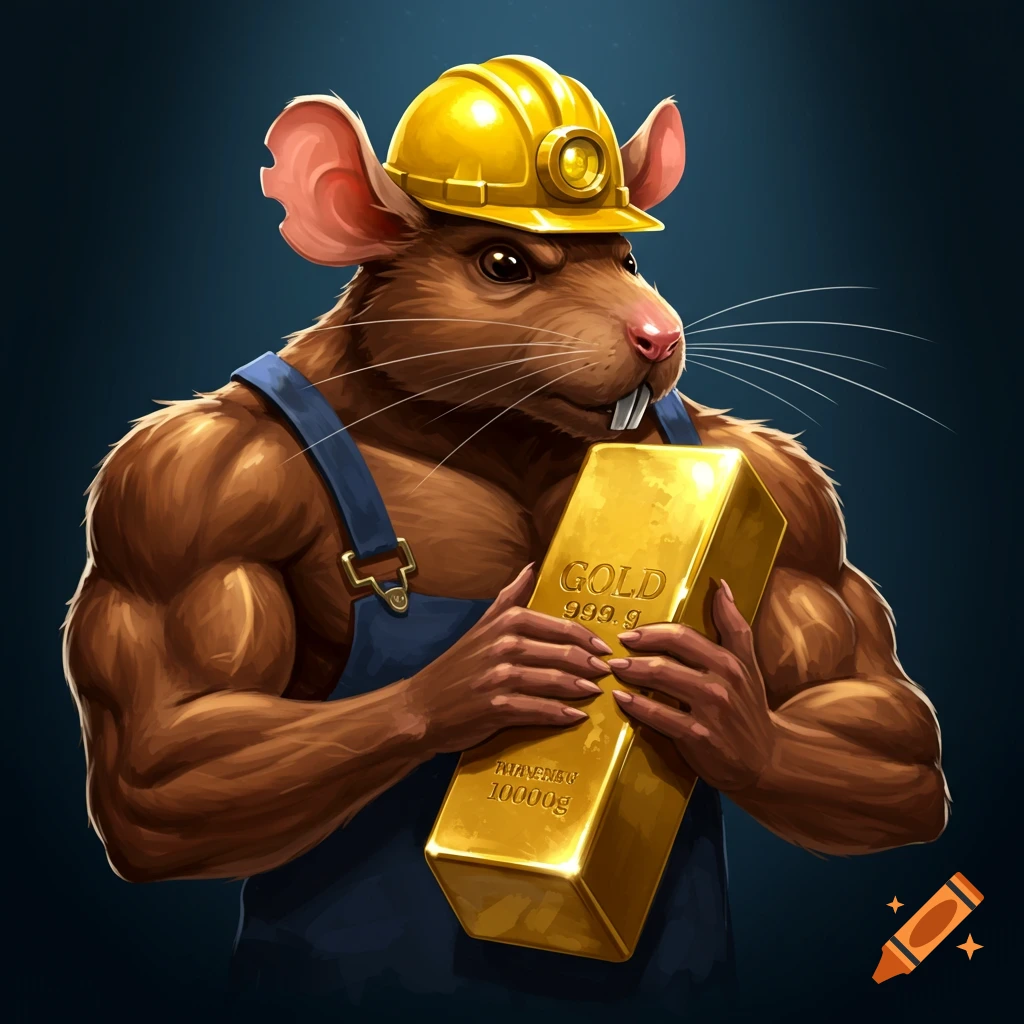 Illustration of a muscular rat in a hard hat and overalls holding a gold bar