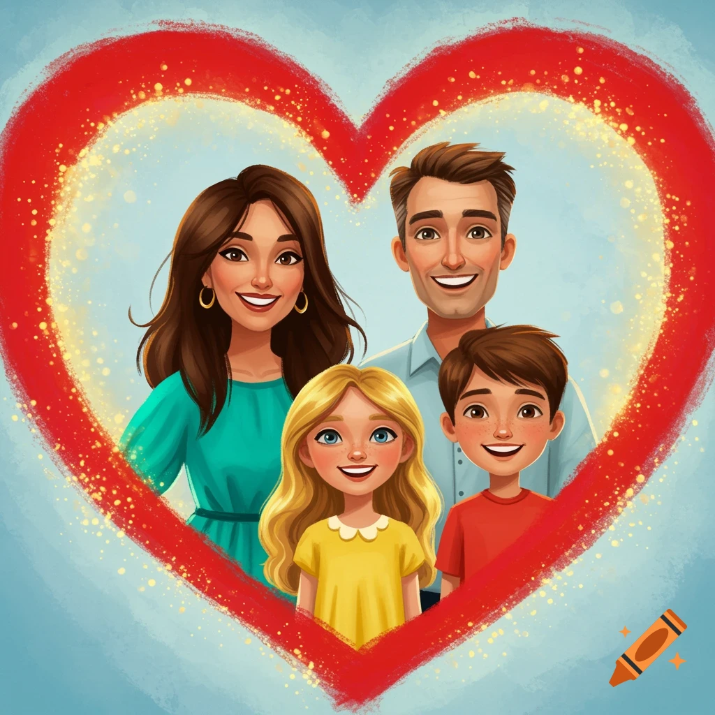 Illustration of a smiling cartoon family framed inside a red painted heart with golden sparkles