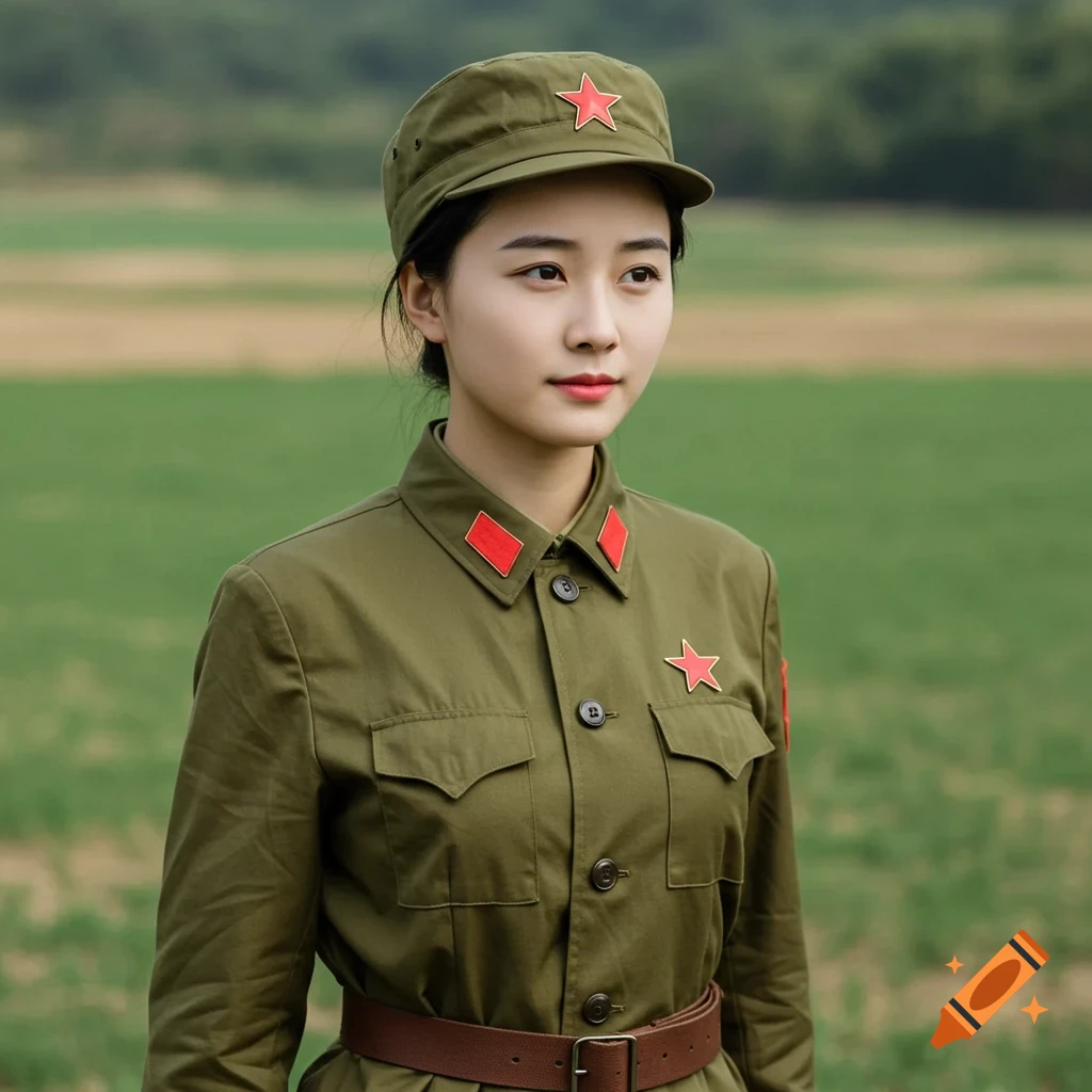 A woman in a 1960s Chinese People's Liberation Army uniform stands outdoors.