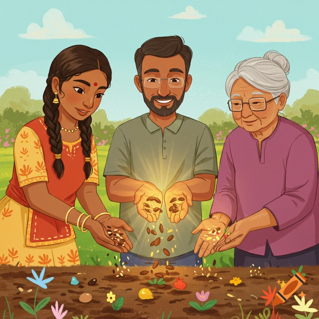 An illustration of a diverse family, including a man, woman, and older woman, planting seeds in a garden.