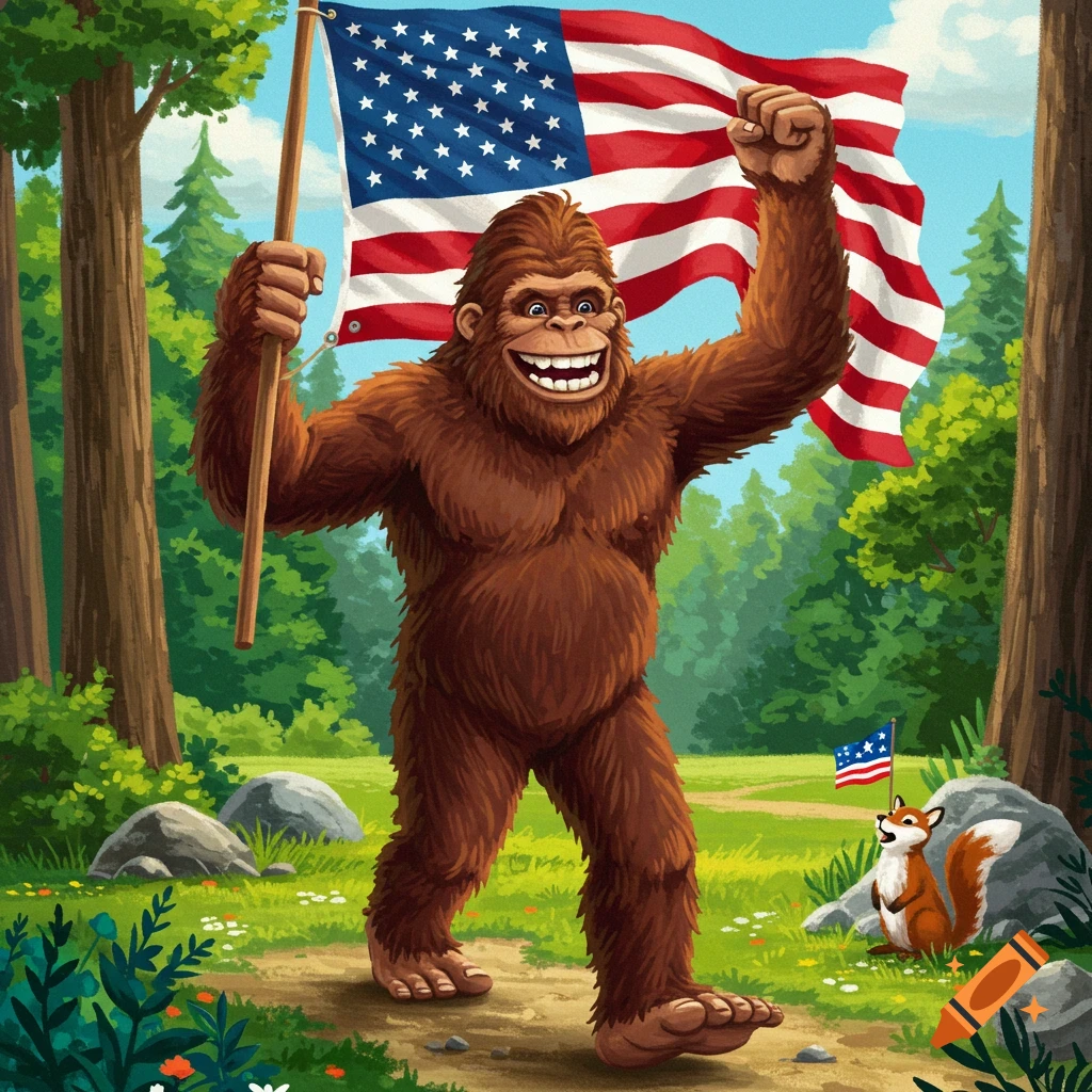 Happy Bigfoot marching and holding an American flag in a forest clearing, with a fox holding a smaller flag in the background. Cartoon style.