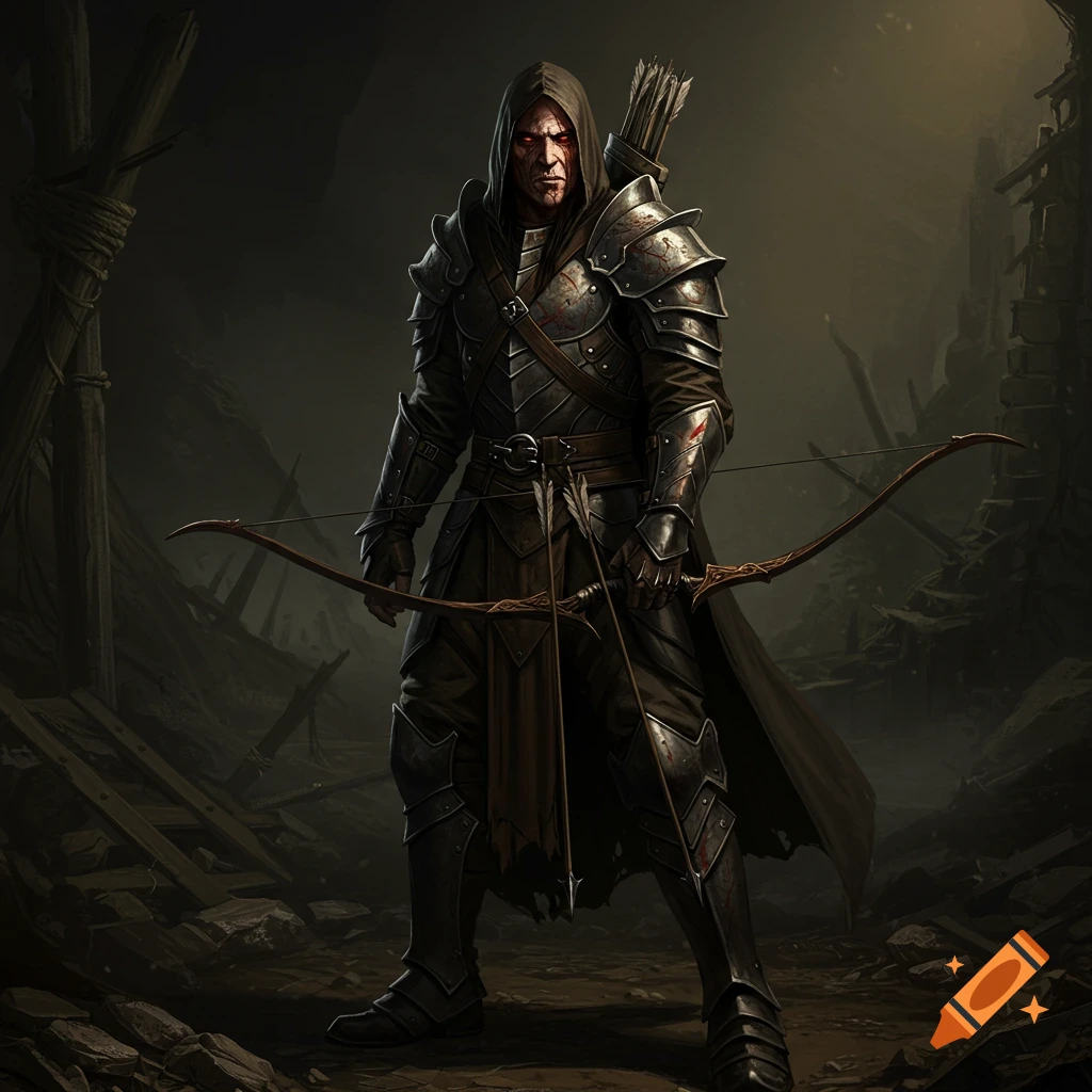 A hooded warrior in dark armor holds a bow in a ruined landscape.