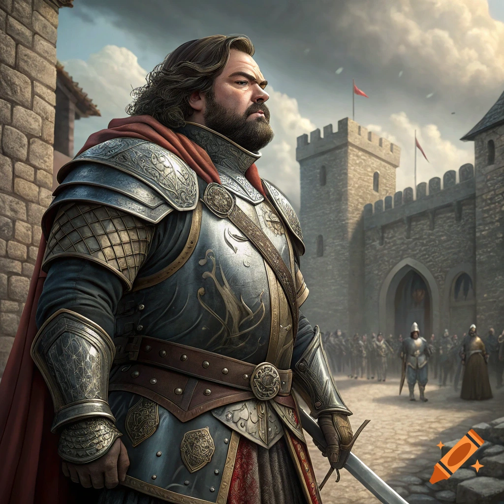 A man in detailed medieval armor stands outside a castle, holding a sword.
