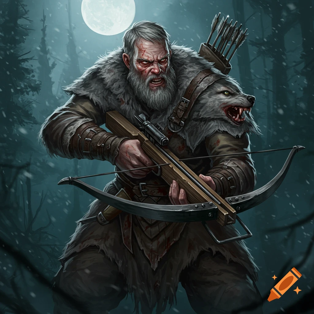 A grizzled hunter with a crossbow and wolf pelt in a snowy forest under a full moon.