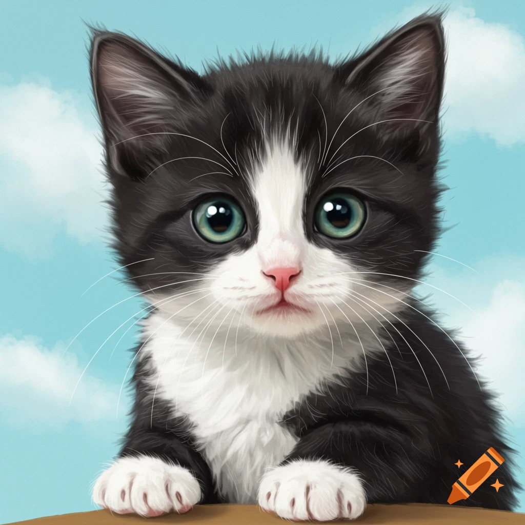 Close-up illustration of a black and white kitten with green eyes looking forward.
