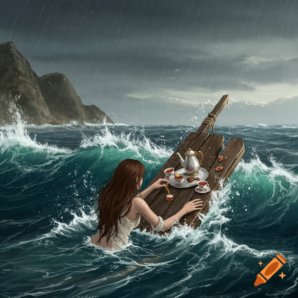 Illustration of a woman serving tea on a raft in a stormy sea.