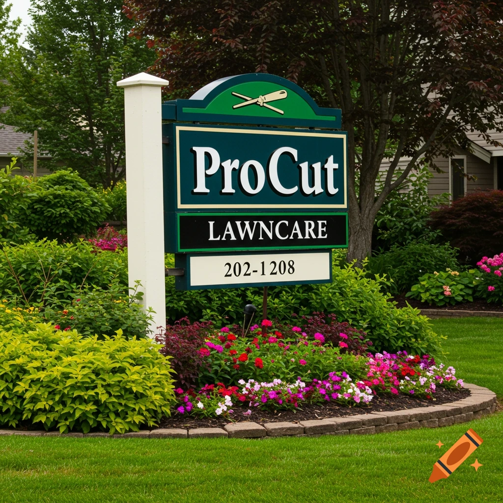 A sign for ProCut Lawncare stands in a landscaped garden with flowers and green grass.