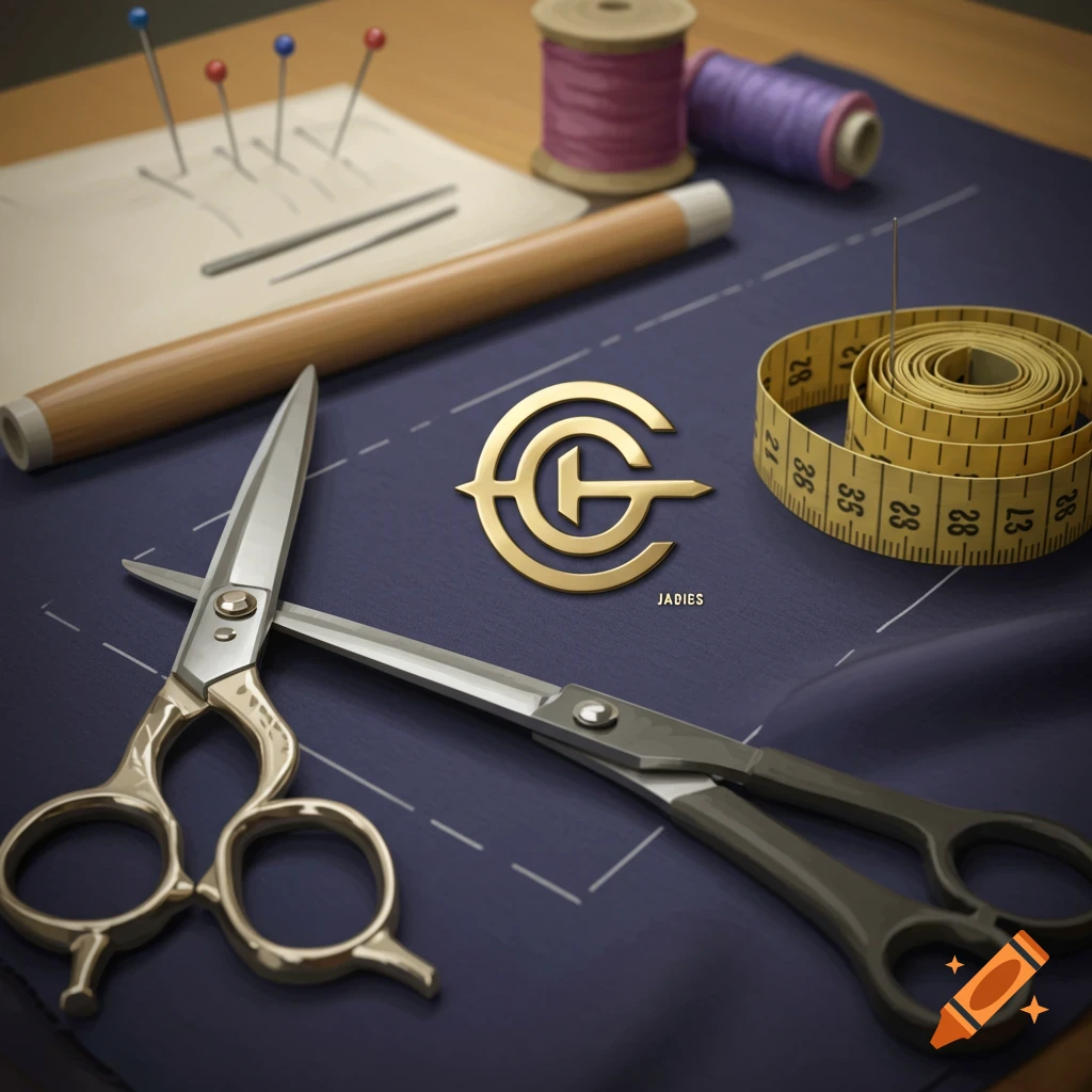 Sewing supplies including scissors, measuring tape, thread, and pins on blue fabric, with a golden logo.