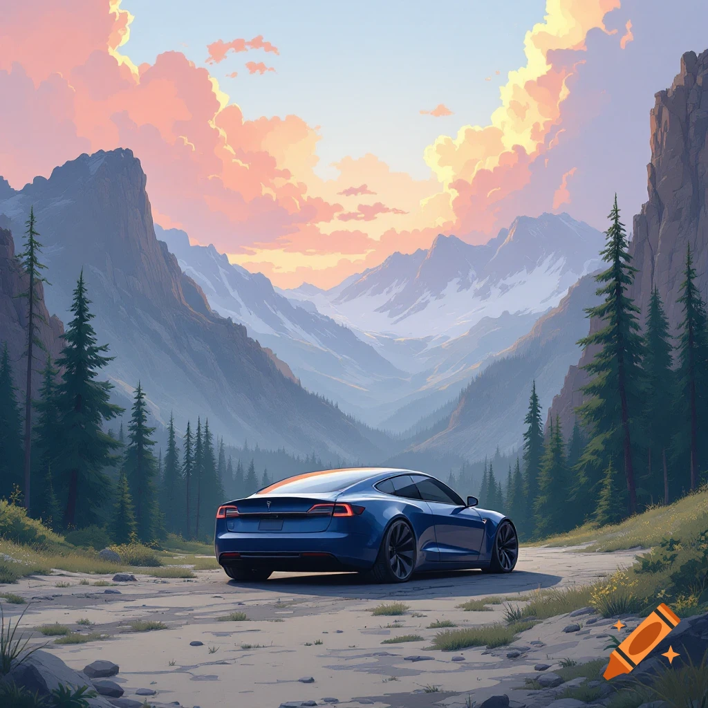 A blue car on a dirt road in a stylized mountain valley landscape at sunset.