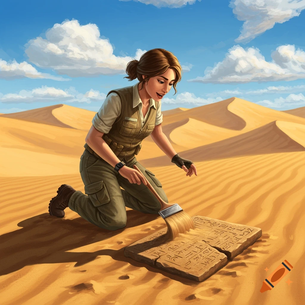 An archaeologist kneels in the desert, brushing sand off an ancient stone tablet with carvings.