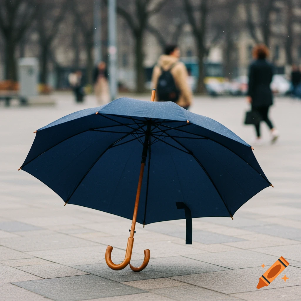 A dark blue umbrella lies on the ground in a rainy city square with blurred people in the background.