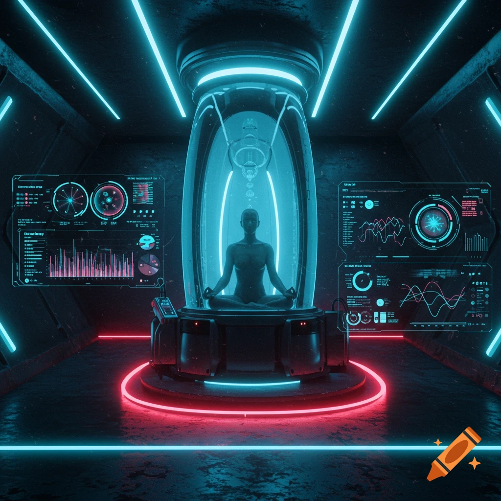 Person meditating in a futuristic glass pod surrounded by data screens in a neon-lit chamber.