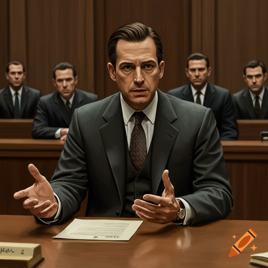 A man in a suit gestures while speaking at a table in a courtroom setting with other men seated behind him.