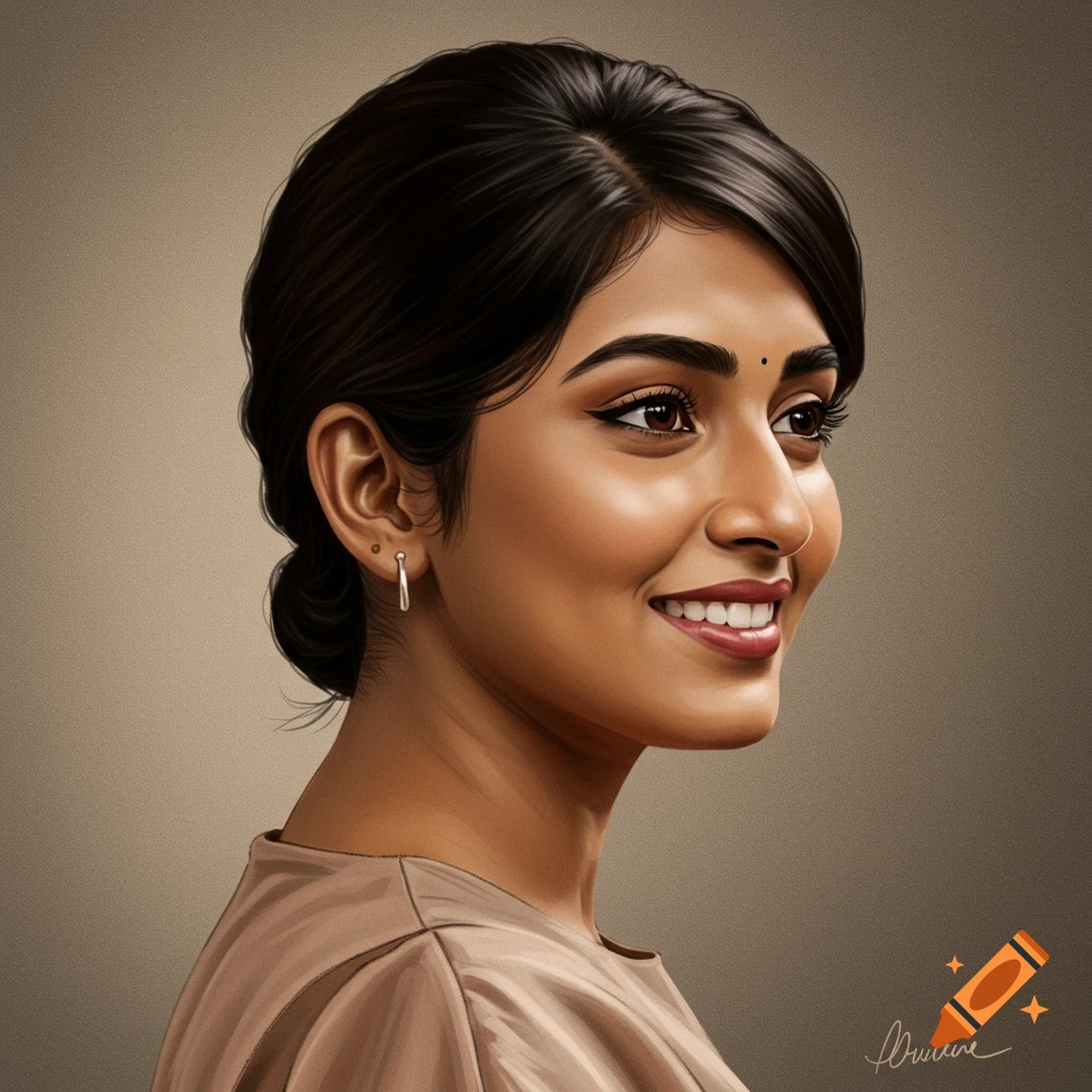A smiling woman looking right