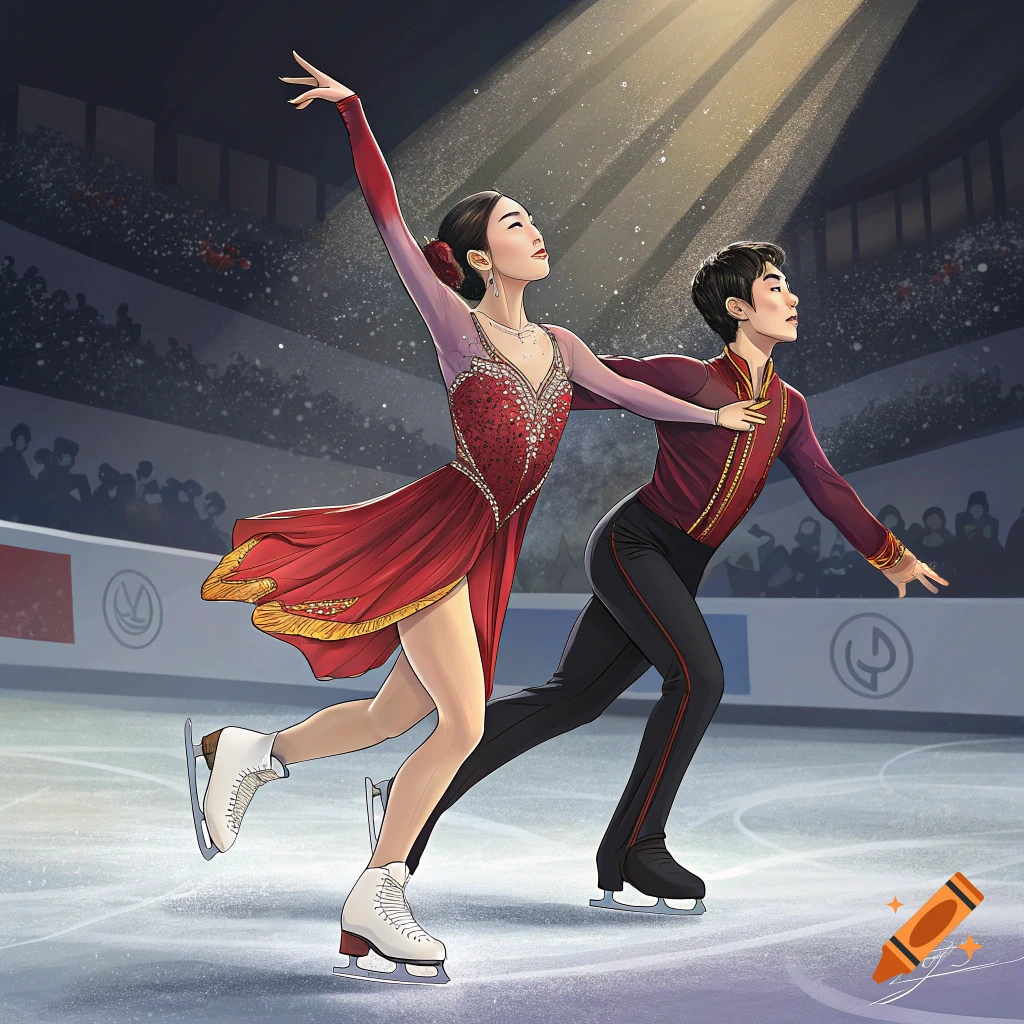 Illustration of a male and female figure skating pair performing in a spotlight in a stadium.
