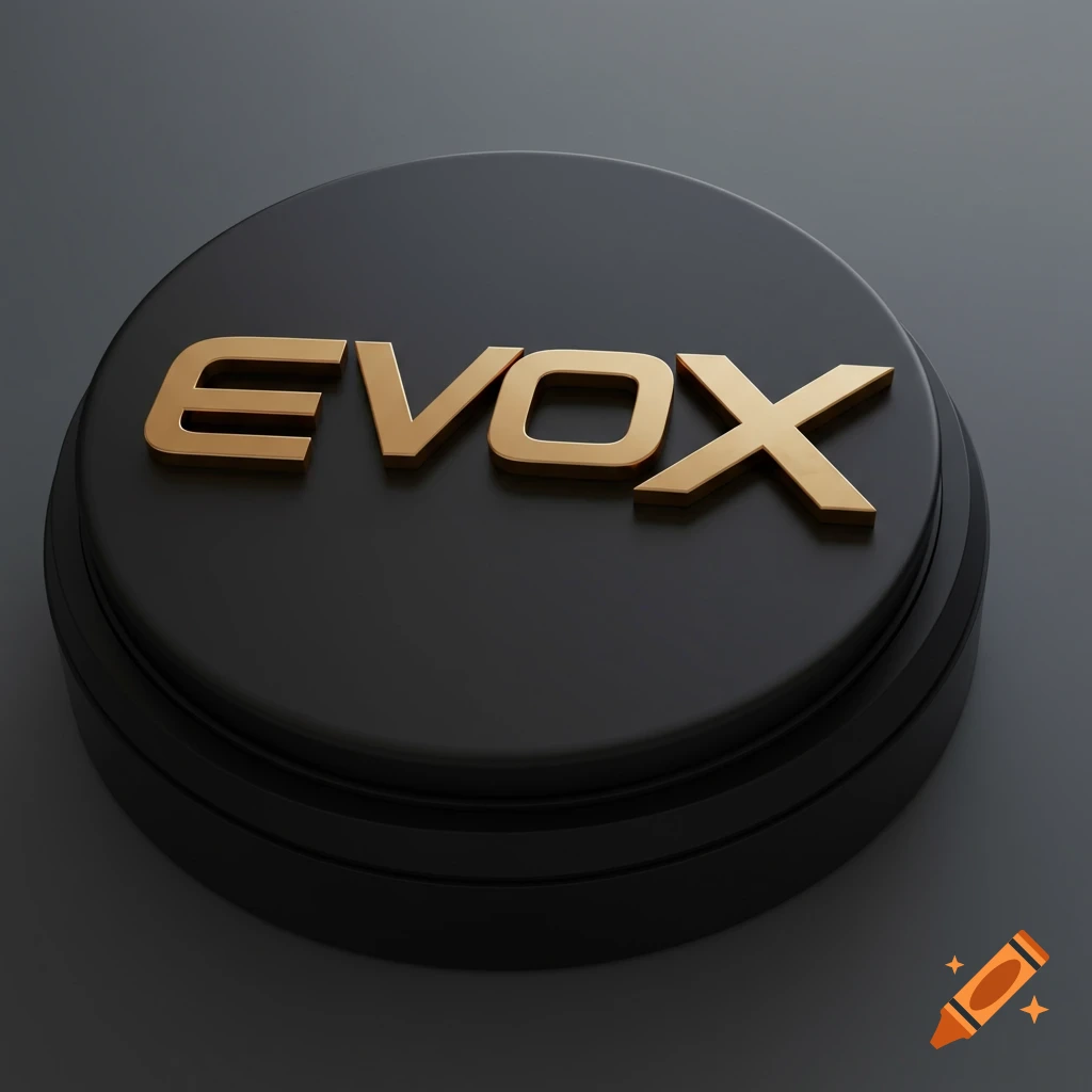 A golden EVOX logo on a black circular platform.