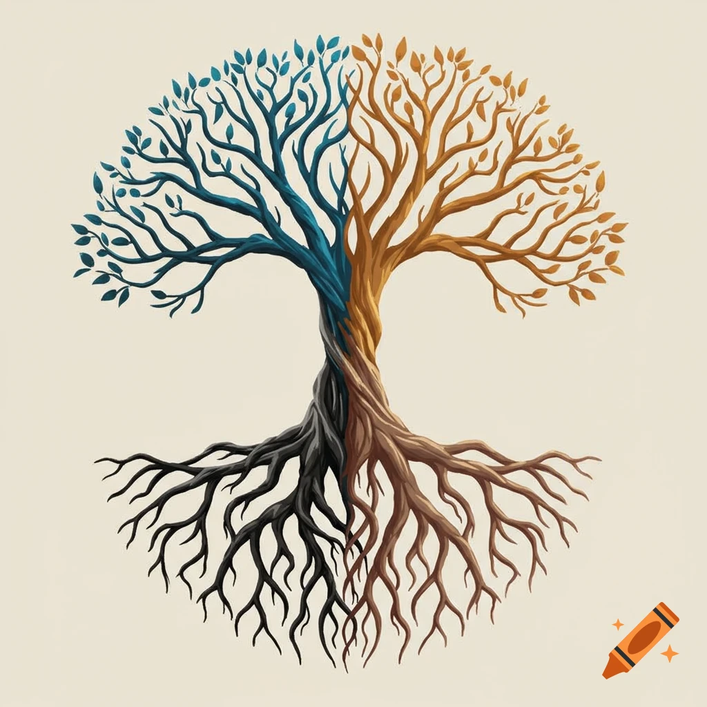A symbolic tree design with split colored branches and roots in a circle.