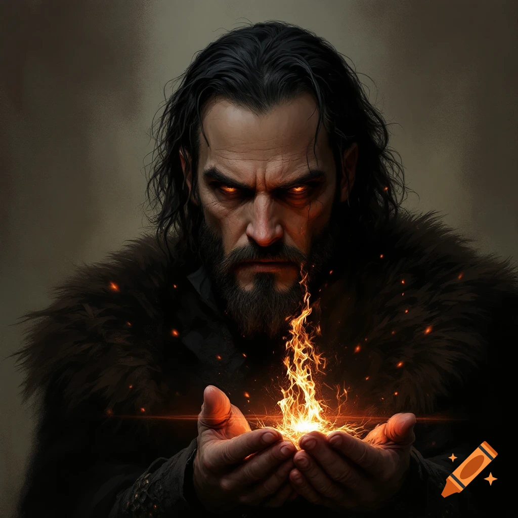 A man with dark hair, beard, and fur cloak holds a glowing flame in his hands in a dark fantasy style portrait.