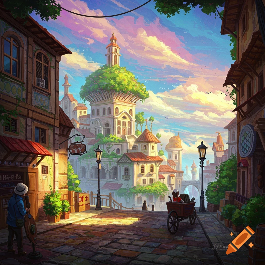 A fantasy city street scene with unique architecture, a person, a wagon with a figure and cats, under a colorful sunset sky.
