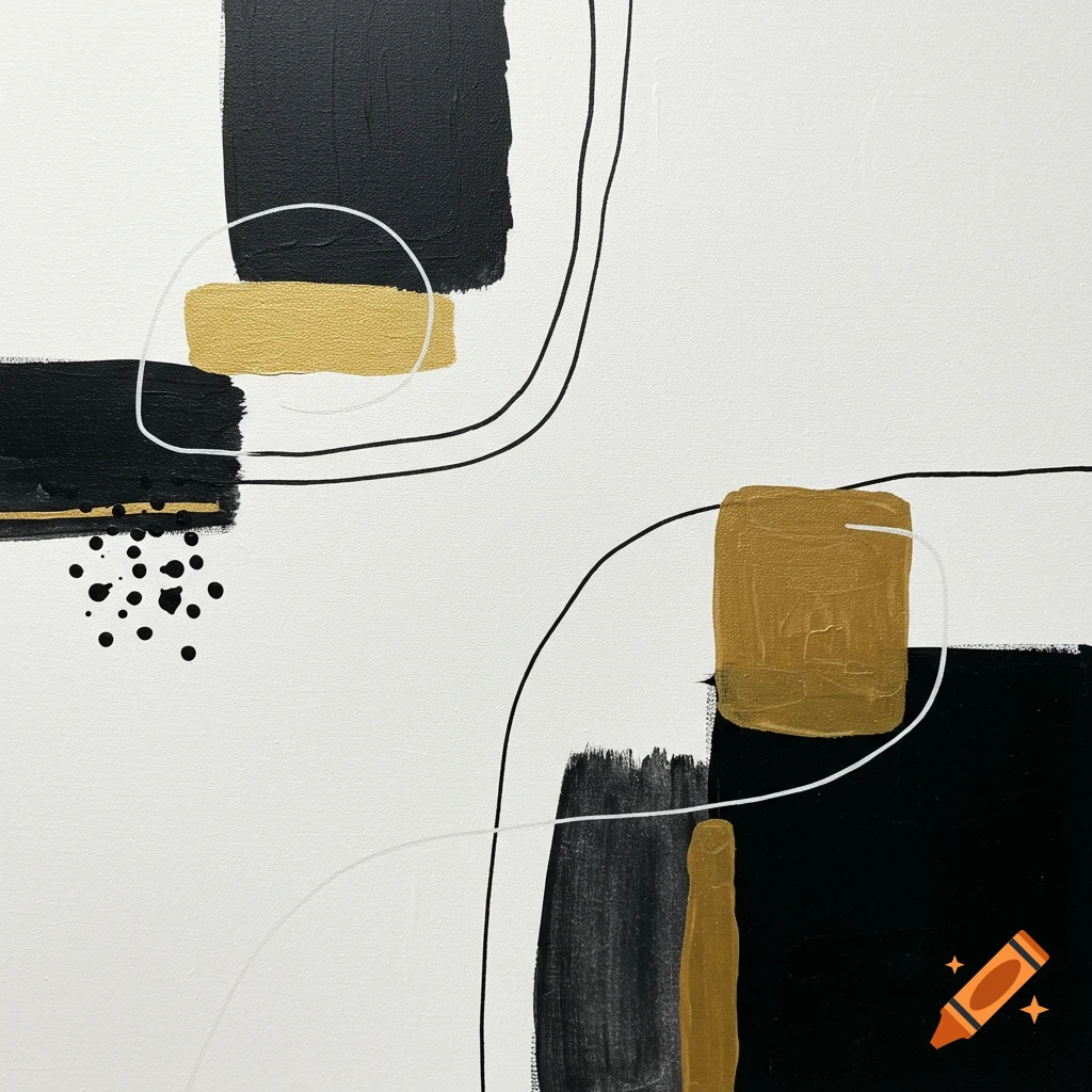 Abstract minimalist painting with black and gold shapes and lines.