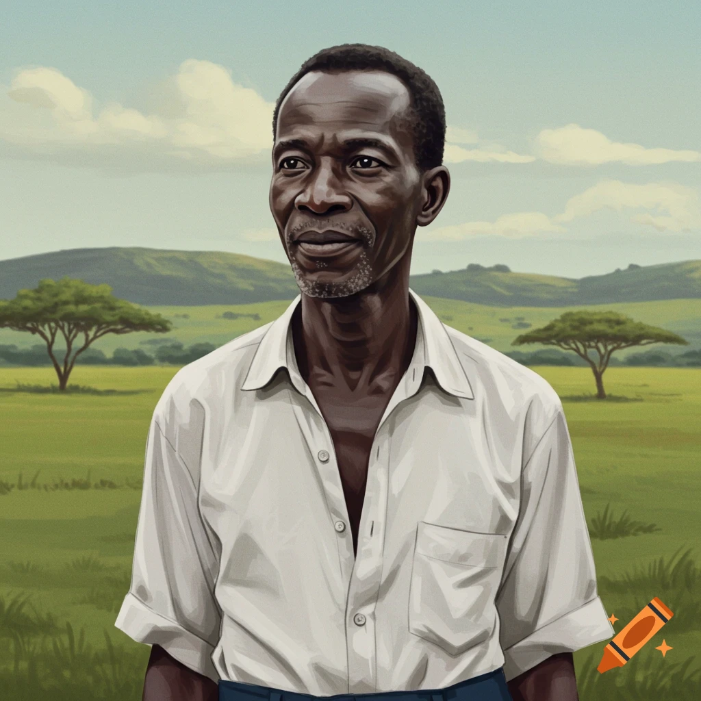 A painterly portrait of an African man standing in a grassy field with acacia trees and hills in the background.