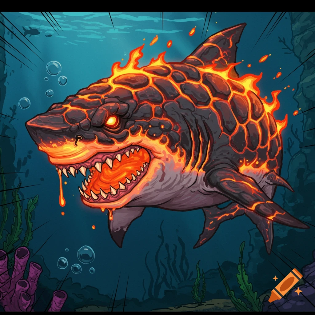 A comic book style illustration of a shark with lava skin swimming underwater.