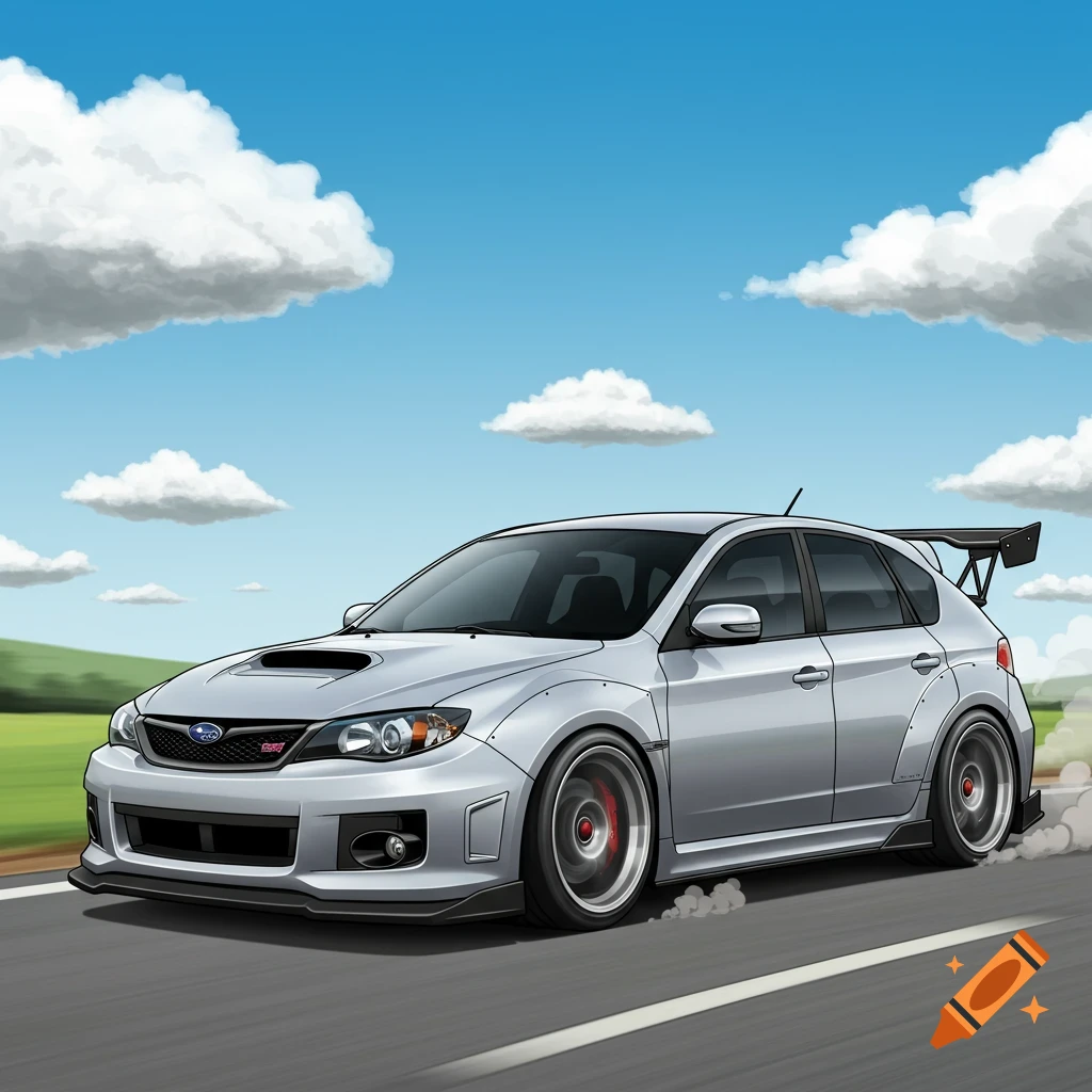 Cartoon silver 2011 Subaru WRX hatchback driving on a road.