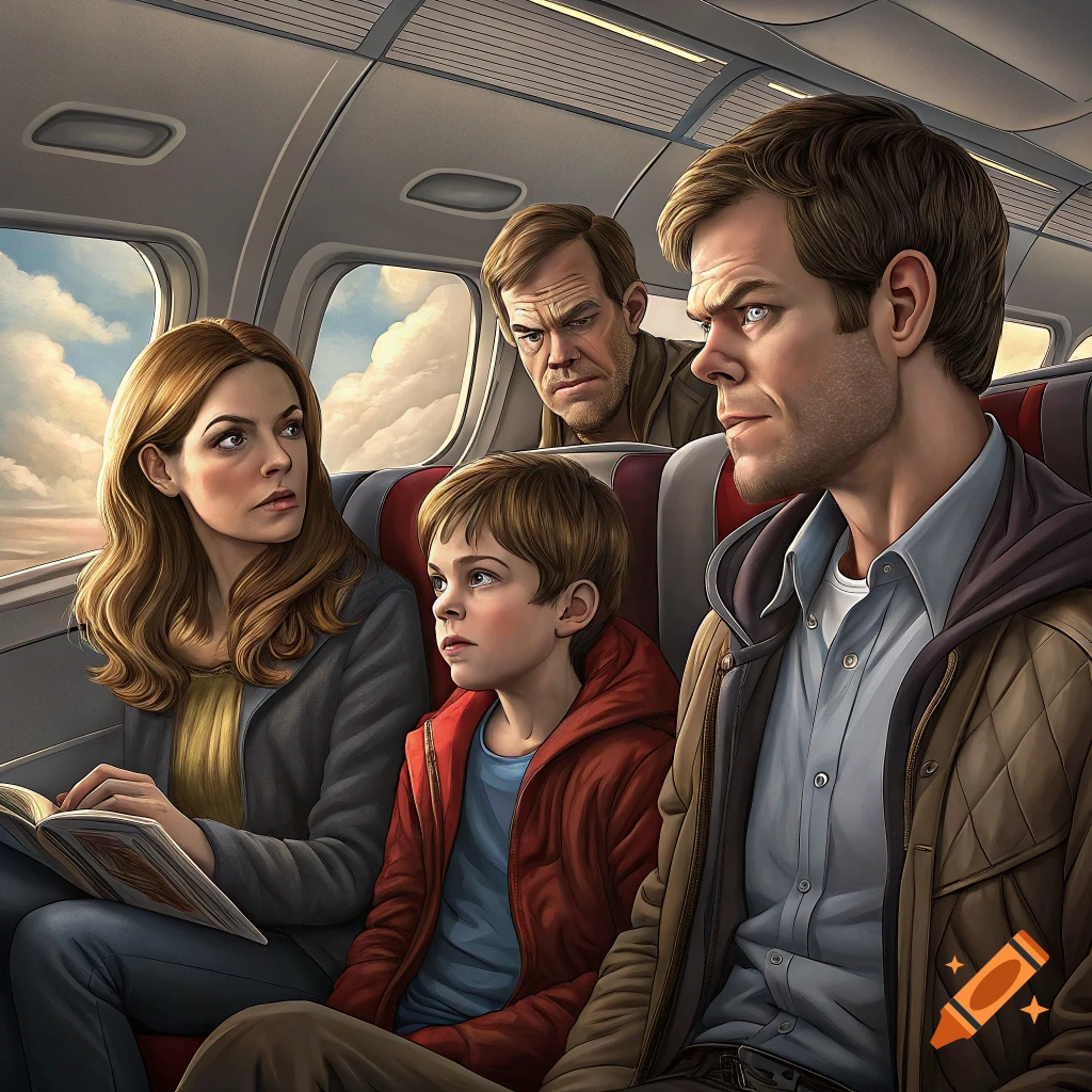 Illustration of a family of four seated on an airplane, looking forward and out the window.