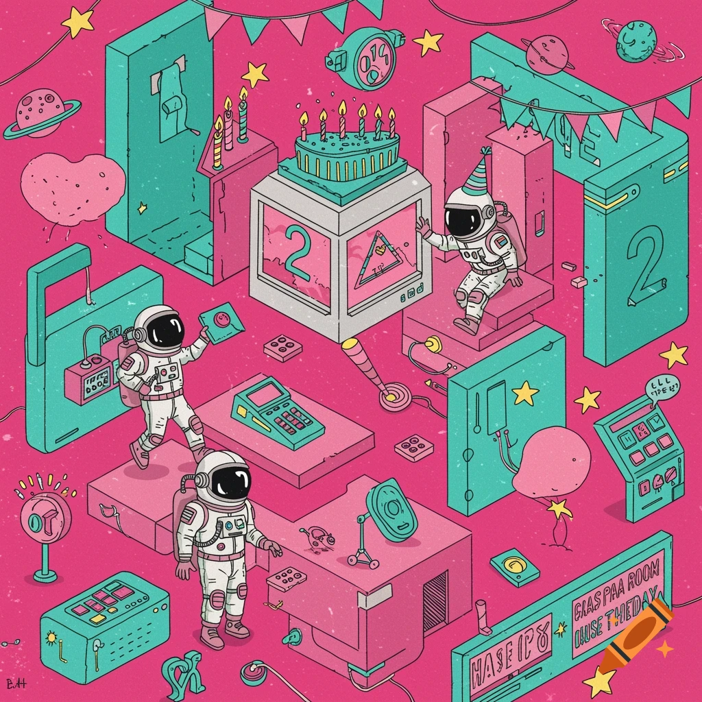 Isometric illustration of astronauts in a pink and turquoise space setting with birthday cake and escape room elements.