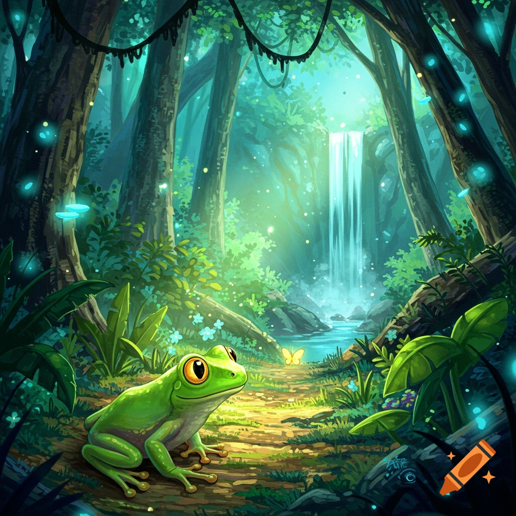 An illustrative fantasy image of a green frog on a path in an enchanted forest with a waterfall.