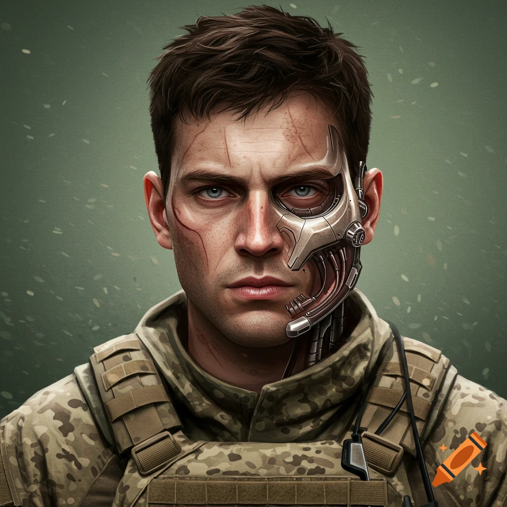 Portrait of a soldier with a prosthetic cyborg face