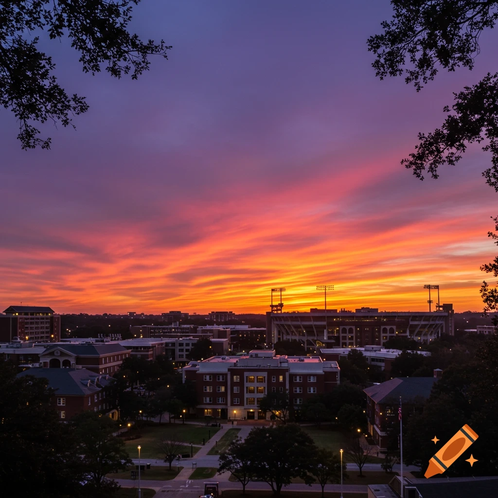 Dramatic sunset over a university campus or city skyline, framed by silhouetted trees.