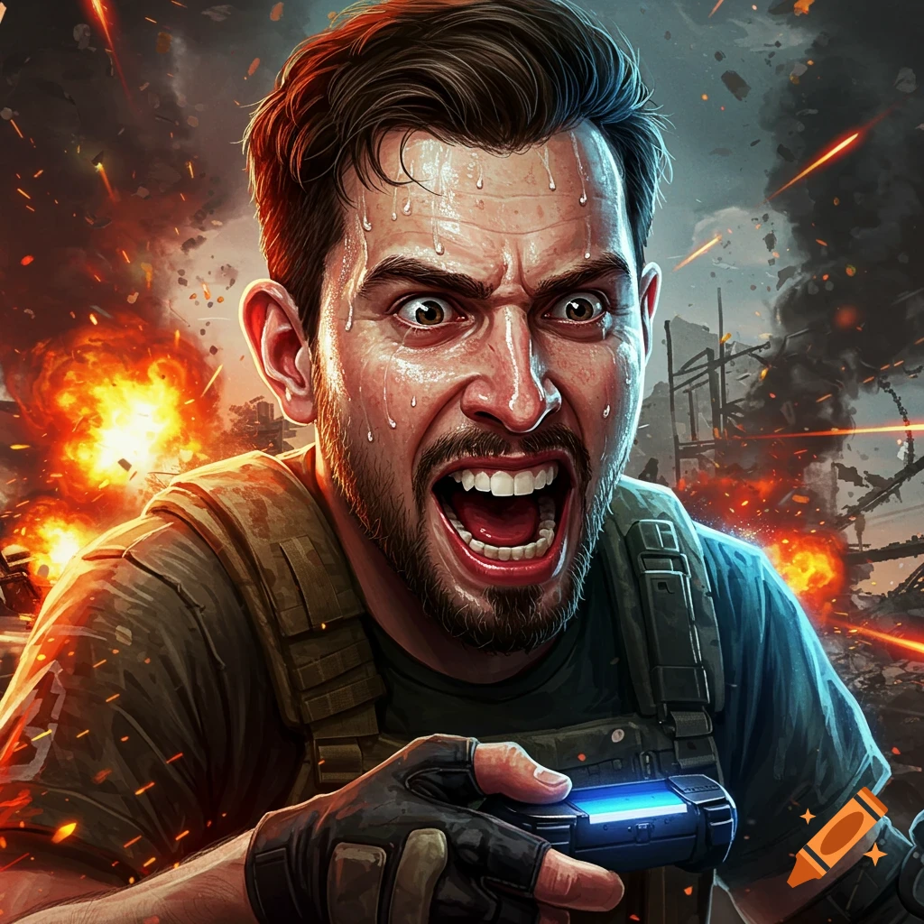 Illustrated portrait of a sweaty man in tactical gear yelling in a fiery battle zone, holding a glowing blue device.
