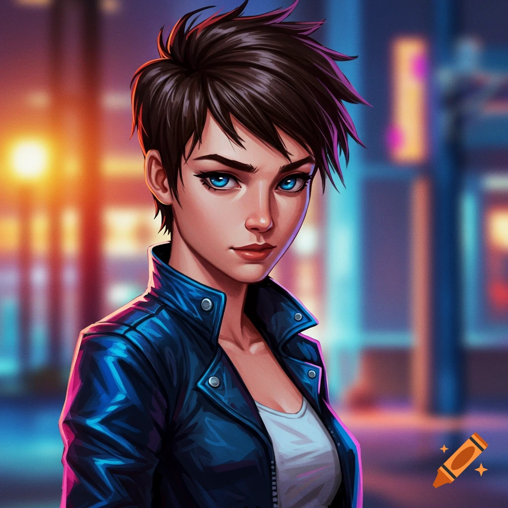 An illustrated portrait of a woman with short dark hair and striking blue eyes wearing a blue leather jacket against a blurry city background.